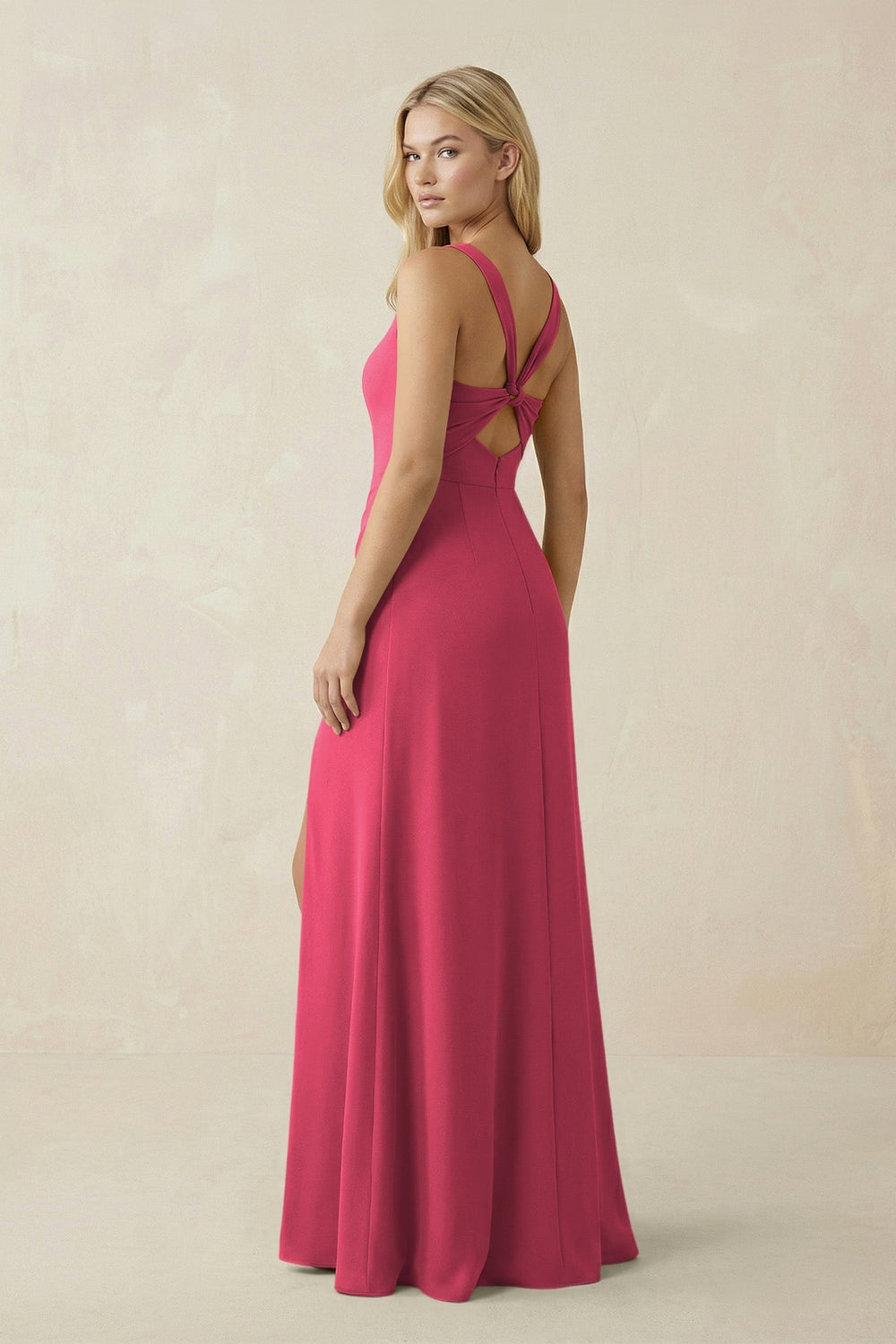 Square Neck Ruched Sheath Satin Bridesmaid Dress in Fuchsia - KISS BRIDAL Bridesmaid Dresses