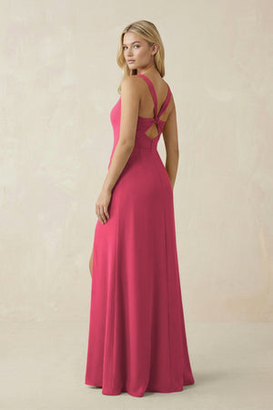 Square Neck Ruched Sheath Satin Bridesmaid Dress in Fuchsia - KISS BRIDAL Bridesmaid Dresses