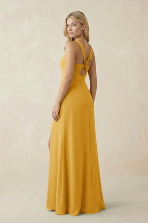 Square Neck Ruched Sheath Satin Bridesmaid Dress in Gold - SHE IS ME Bridesmaid Dresses