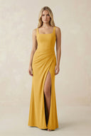 Square Neck Ruched Sheath Satin Bridesmaid Dress in Gold - SHE IS ME Bridesmaid Dresses