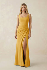 Square Neck Ruched Sheath Satin Bridesmaid Dress in Gold - KISS BRIDAL Bridesmaid Dresses