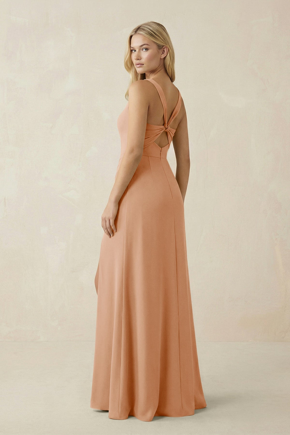 Square Neck Ruched Sheath Satin Bridesmaid Dress in Golden Champagne - KISS BRIDAL Bridesmaid Dresses