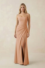 Square Neck Ruched Sheath Satin Bridesmaid Dress in Golden Champagne - KISS BRIDAL Bridesmaid Dresses