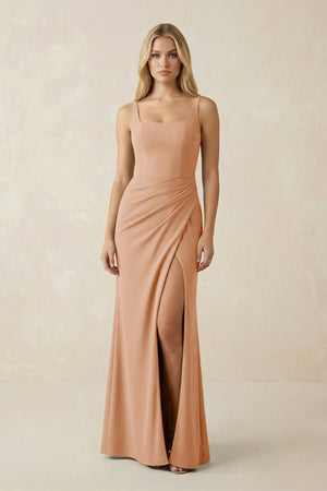 Square Neck Ruched Sheath Satin Bridesmaid Dress in Golden Champagne - KISS BRIDAL Bridesmaid Dresses