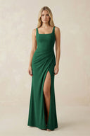 Square Neck Ruched Sheath Satin Bridesmaid Dress in Green - SHE IS ME Bridesmaid Dresses