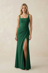 Square Neck Ruched Sheath Satin Bridesmaid Dress in Green - KISS BRIDAL Bridesmaid Dresses