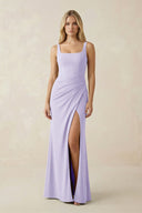 Square Neck Ruched Sheath Satin Bridesmaid Dress in Lavender - SHE IS ME Bridesmaid Dresses