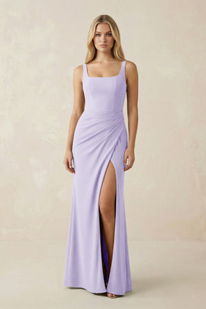 Square Neck Ruched Sheath Satin Bridesmaid Dress in Lavender - SHE IS ME Bridesmaid Dresses