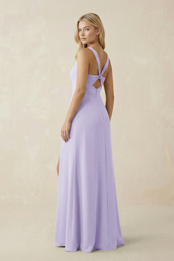 Square Neck Ruched Sheath Satin Bridesmaid Dress in Lavender - SHE IS ME Bridesmaid Dresses