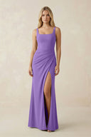Square Neck Ruched Sheath Satin Bridesmaid Dress in Lilac - KISS BRIDAL Bridesmaid Dresses