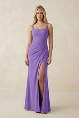Square Neck Ruched Sheath Satin Bridesmaid Dress in Lilac - KISS BRIDAL Bridesmaid Dresses