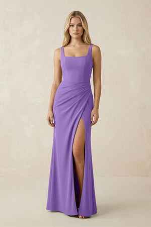 Square Neck Ruched Sheath Satin Bridesmaid Dress in Lilac - KISS BRIDAL Bridesmaid Dresses