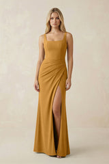 Square Neck Ruched Sheath Satin Bridesmaid Dress in Marigold - KISS BRIDAL Bridesmaid Dresses