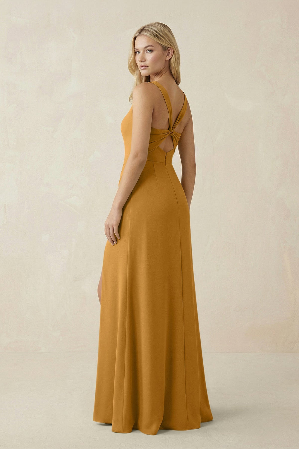 Square Neck Ruched Sheath Satin Bridesmaid Dress in Marigold - KISS BRIDAL Bridesmaid Dresses