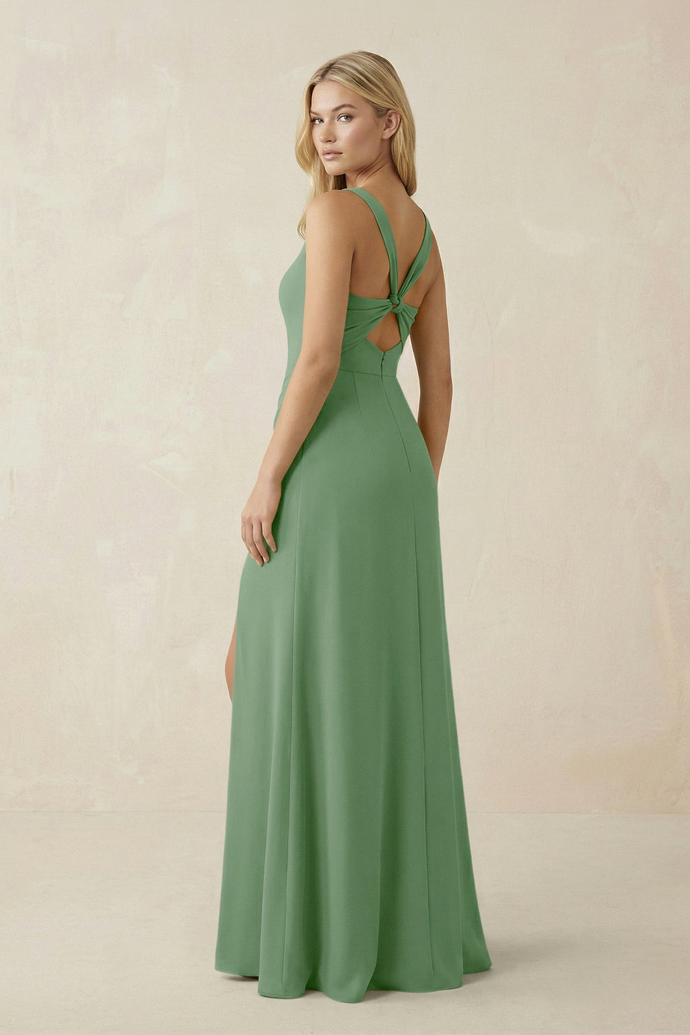 Square Neck Ruched Sheath Satin Bridesmaid Dress in Matcha - KISS BRIDAL Bridesmaid Dresses