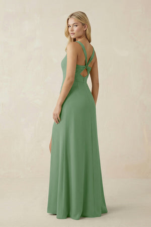 Square Neck Ruched Sheath Satin Bridesmaid Dress in Matcha - KISS BRIDAL Bridesmaid Dresses