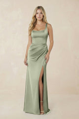 Square Neck Ruched Sheath Satin Bridesmaid Dress in Matcha - KISS BRIDAL Bridesmaid Dresses