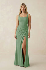 Square Neck Ruched Sheath Satin Bridesmaid Dress in Matcha - KISS BRIDAL Bridesmaid Dresses