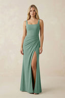 Square Neck Ruched Sheath Satin Bridesmaid Dress in Mint Green - KISS BRIDAL Bridesmaid Dresses