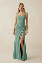 Square Neck Ruched Sheath Satin Bridesmaid Dress in Mint Green - KISS BRIDAL Bridesmaid Dresses