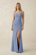 Square Neck Ruched Sheath Satin Bridesmaid Dress in Mist - SHE IS ME Bridesmaid Dresses