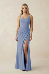 Square Neck Ruched Sheath Satin Bridesmaid Dress in Mist - KISS BRIDAL Bridesmaid Dresses