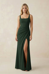 Square Neck Ruched Sheath Satin Bridesmaid Dress in Moss - KISS BRIDAL Bridesmaid Dresses