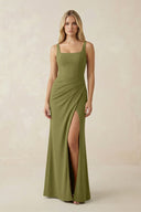 Square Neck Ruched Sheath Satin Bridesmaid Dress in Moss Green - KISS BRIDAL Bridesmaid Dresses
