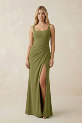 Square Neck Ruched Sheath Satin Bridesmaid Dress in Moss Green - KISS BRIDAL Bridesmaid Dresses