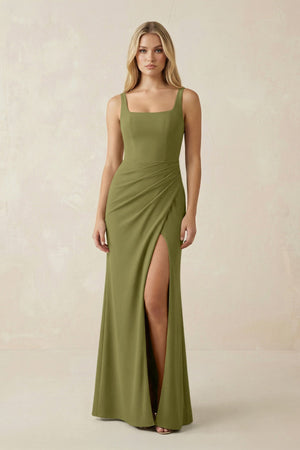 Square Neck Ruched Sheath Satin Bridesmaid Dress in Moss Green - KISS BRIDAL Bridesmaid Dresses
