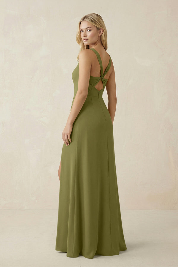 Square Neck Ruched Sheath Satin Bridesmaid Dress in Moss Green - KISS BRIDAL Bridesmaid Dresses