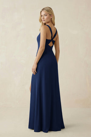 Square Neck Ruched Sheath Satin Bridesmaid Dress in Navy - SHE IS ME Bridesmaid Dresses