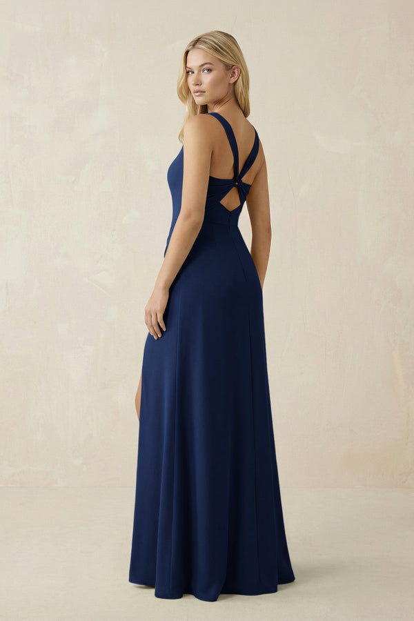 Square Neck Ruched Sheath Satin Bridesmaid Dress in Navy - SHE IS ME Bridesmaid Dresses