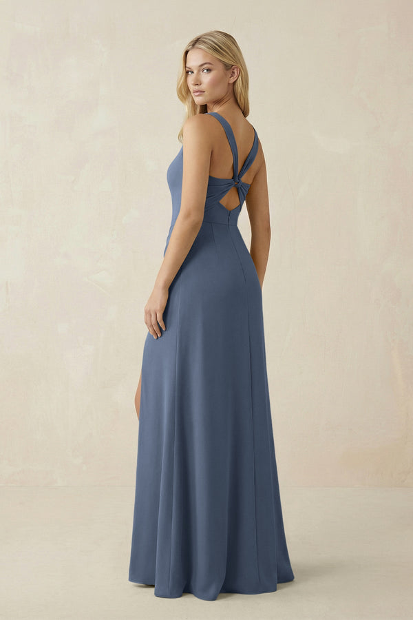 Square Neck Ruched Sheath Satin Bridesmaid Dress in Neptune - SHE IS ME Bridesmaid Dresses