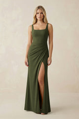 Square Neck Ruched Sheath Satin Bridesmaid Dress in Olive - KISS BRIDAL Bridesmaid Dresses
