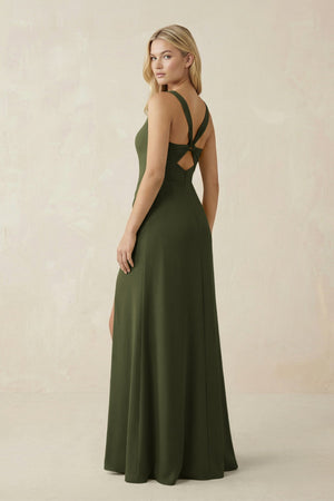 Square Neck Ruched Sheath Satin Bridesmaid Dress in Olive - SHE IS ME Bridesmaid Dresses