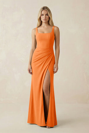 Square Neck Ruched Sheath Satin Bridesmaid Dress in Orange - SHE IS ME Bridesmaid Dresses