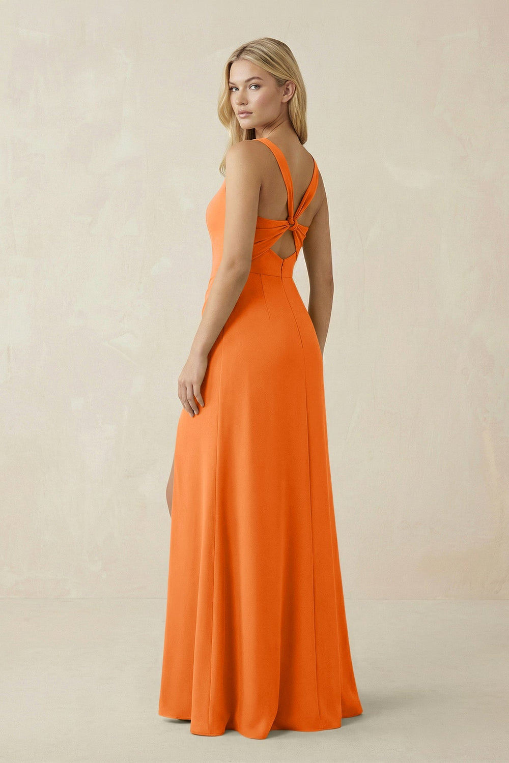Square Neck Ruched Sheath Satin Bridesmaid Dress in Orange - KISS BRIDAL Bridesmaid Dresses