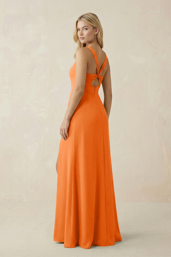 Square Neck Ruched Sheath Satin Bridesmaid Dress in Orange - SHE IS ME Bridesmaid Dresses