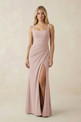 Square Neck Ruched Sheath Satin Bridesmaid Dress in Pale Blush - KISS BRIDAL Bridesmaid Dresses