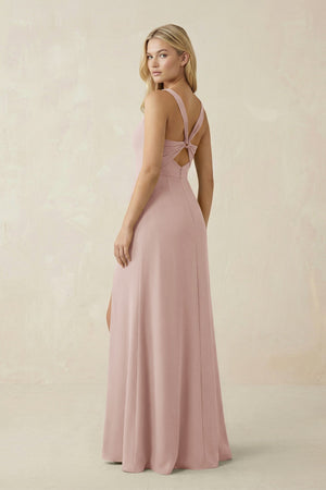 Square Neck Ruched Sheath Satin Bridesmaid Dress in Pale Blush - KISS BRIDAL Bridesmaid Dresses