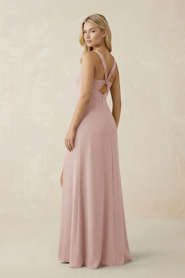 Square Neck Ruched Sheath Satin Bridesmaid Dress in Pale Blush - KISS BRIDAL Bridesmaid Dresses