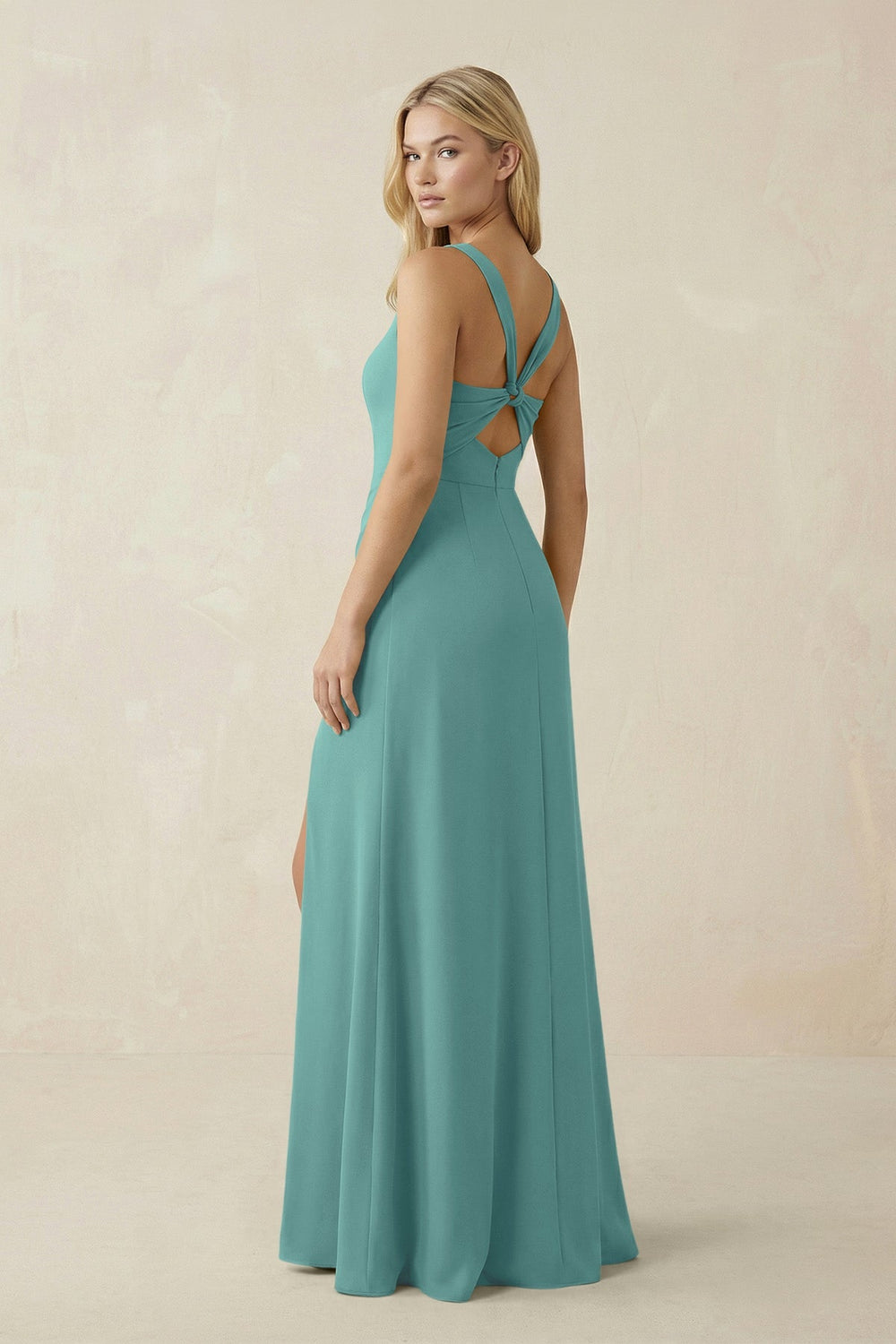 Square Neck Ruched Sheath Satin Bridesmaid Dress in Pale Pistachio - KISS BRIDAL Bridesmaid Dresses