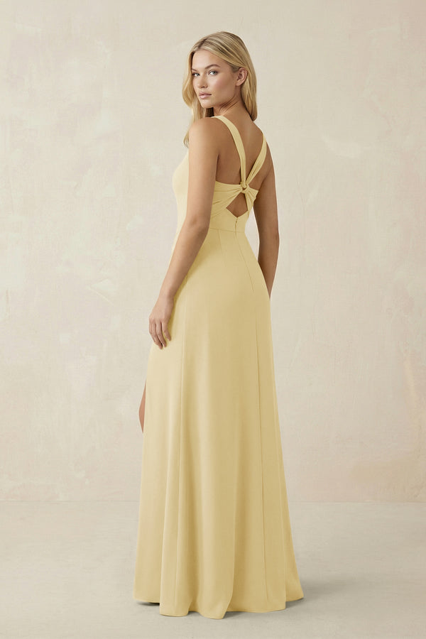 Square Neck Ruched Sheath Satin Bridesmaid Dress in Pastel Yellow - KISS BRIDAL Bridesmaid Dresses
