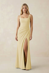 Square Neck Ruched Sheath Satin Bridesmaid Dress in Pastel Yellow - KISS BRIDAL Bridesmaid Dresses
