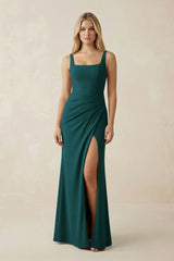 Square Neck Ruched Sheath Satin Bridesmaid Dress in Pine - KISS BRIDAL Bridesmaid Dresses