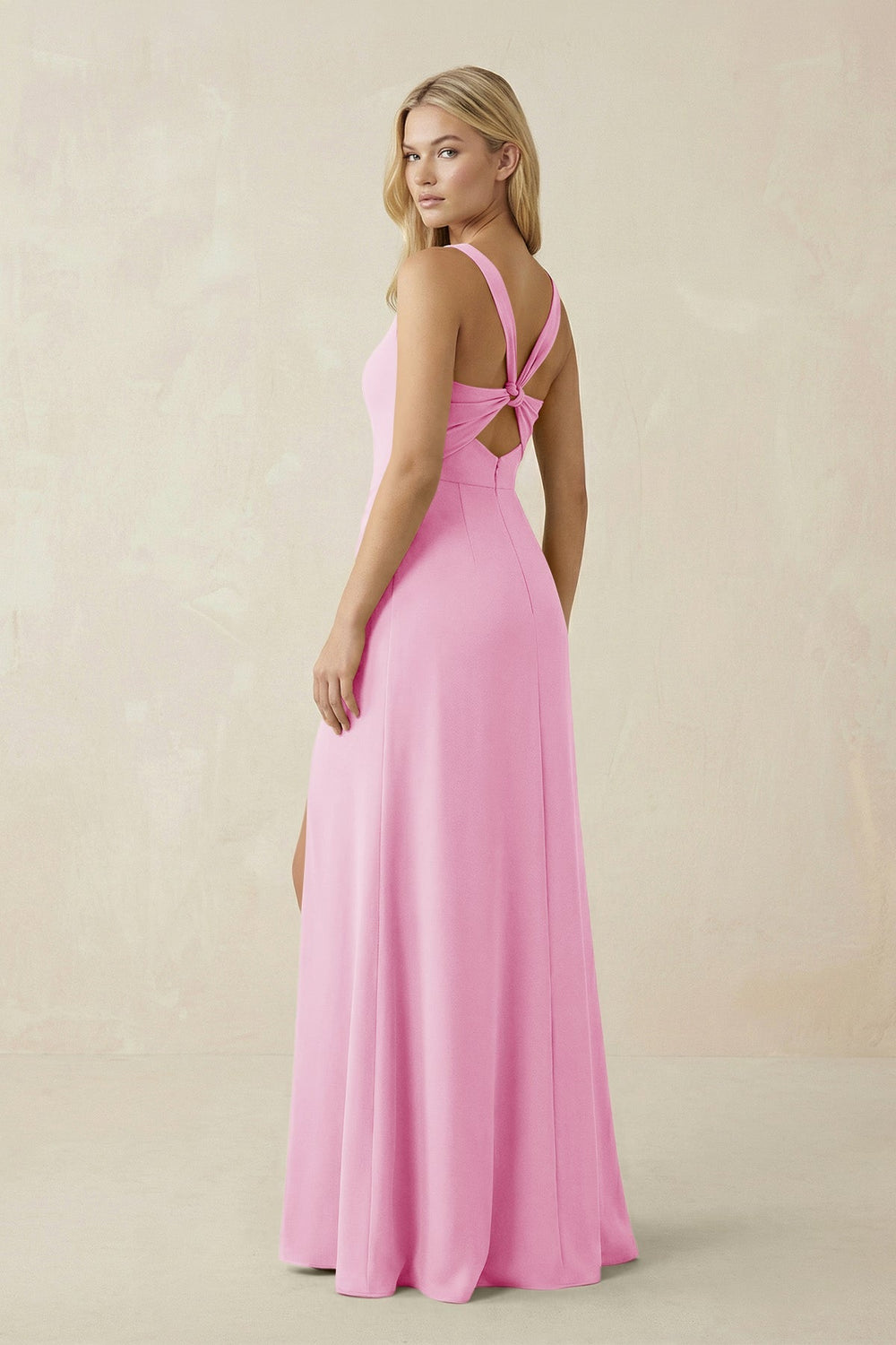 Square Neck Ruched Sheath Satin Bridesmaid Dress in Pink - KISS BRIDAL Bridesmaid Dresses