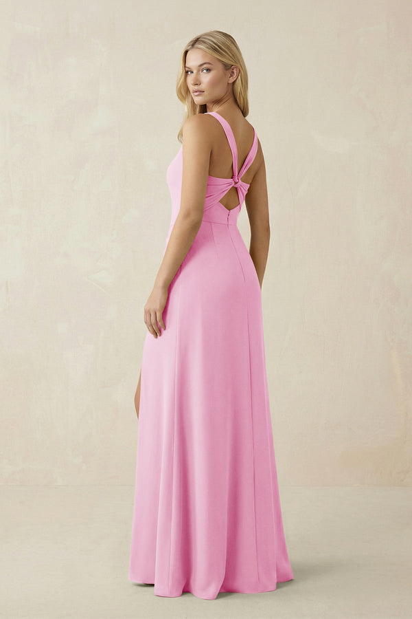 Square Neck Ruched Sheath Satin Bridesmaid Dress in Pink - SHE IS ME Bridesmaid Dresses