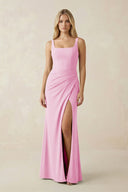 Square Neck Ruched Sheath Satin Bridesmaid Dress in Pink - SHE IS ME Bridesmaid Dresses