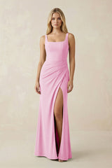 Square Neck Ruched Sheath Satin Bridesmaid Dress in Pink - KISS BRIDAL Bridesmaid Dresses